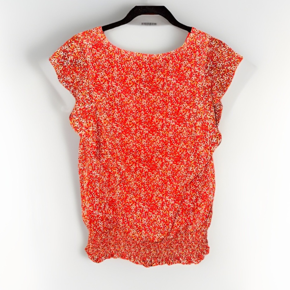 CeCe Coral Red Floral V-Neck Ruffle Sleeve Blouse - Picture 4 of 6